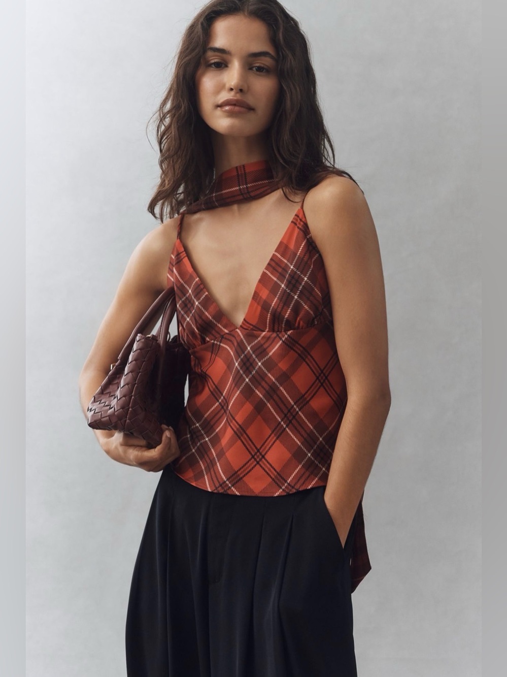 NWT Anthropologie Maeve Clara Scarf Neck Cami Large Red Plaid Top